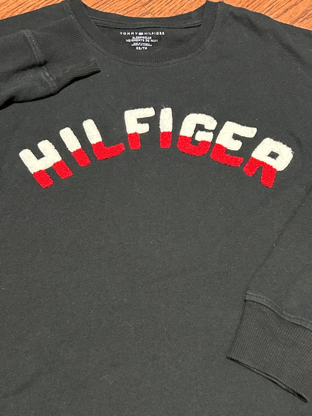 Tommy Hilfiger women’s Black Crewneck Sweater with Red & White Lettering  xs